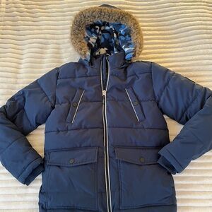 Navy Blue Parka Puffer Jacket with Faux Fur Hood Boys sz 14-16